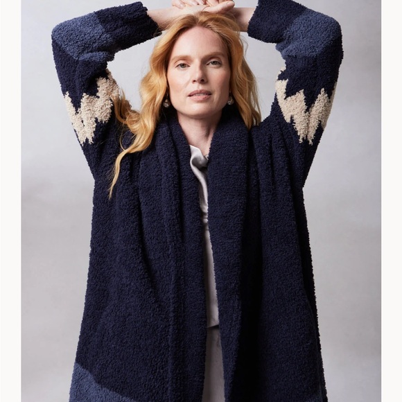 Long Shawl Collar Aztec Southwest Cardi Style by Kashwere Indigo Blue One Size - Picture 4 of 9